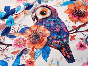 彩色猫头鹰栖息繁花枝头