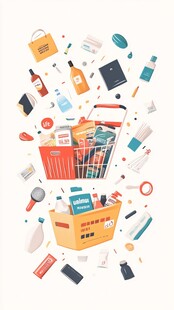 购物篮与纸箱中的多样商品