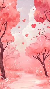 浪漫粉色爱心森林小径