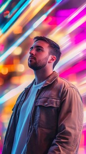 霓虹灯下的沉思男子