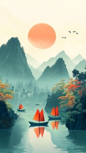 夕阳下的山水行舟图