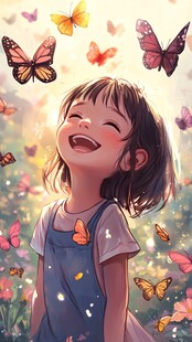 少女笑对纷飞蝴蝶