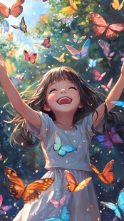女孩欢享蝴蝶环绕的美好