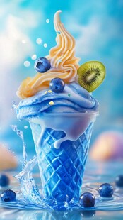 梦幻蓝冰淇淋配鲜果飞溅