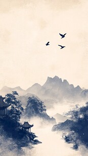 水墨山水间飞鸟伴古亭
