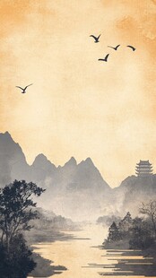 夕阳山水飞鸟诗意景致