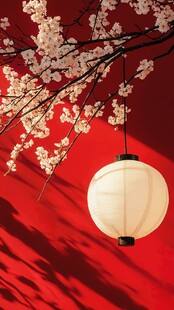 红灯笼映粉樱中式美景