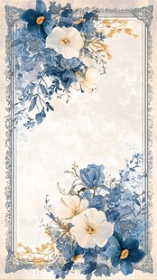蓝白花卉复古边框装饰图