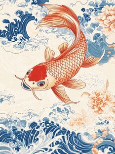 锦鲤戏浪图