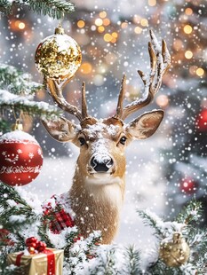 圣诞小鹿置身于雪景圣诞树