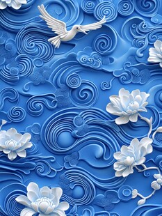 蓝白浮雕 飞鸟与莲花之韵