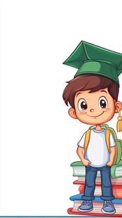 毕业小男孩站在书籍旁