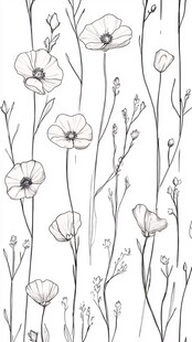 黑白手绘罂粟花植物图案