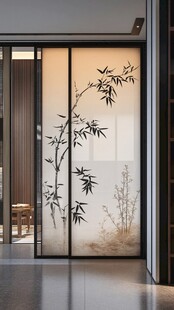 中式竹纹玻璃隔断门