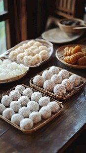 传统中式点心摆放在木桌上