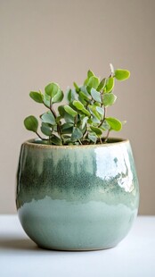 青釉陶盆中的翠绿小植物