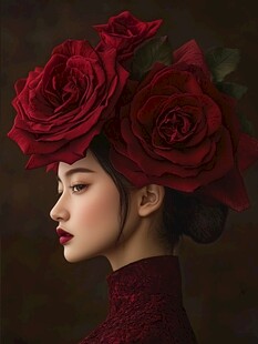 玫瑰头饰女子的优雅侧影