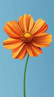 单枝橙色花朵绽放蓝天
