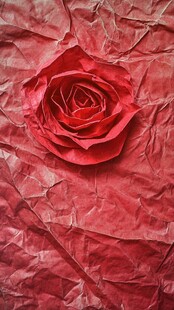 红玫瑰绽于褶皱红纸之上