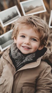 冬日微笑男孩与怀旧照片