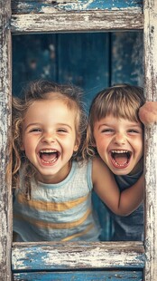 窗边欢笑的可爱孩童