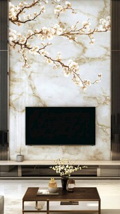 中式风大理石花卉电视背景墙