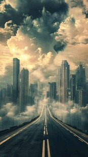 云雾中延伸向都市的公路