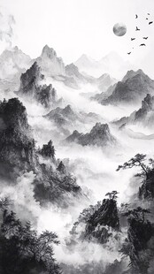 水墨山水间 飞鸟伴月行
