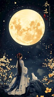 古装女子伴月赏繁花