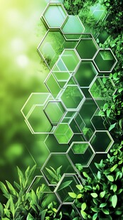绿色六边形与自然植物背景