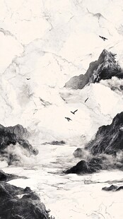 水墨山水间飞鸟翱翔图景