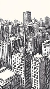 城市建筑黑白手绘景观