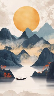 日暮江舟行山水间