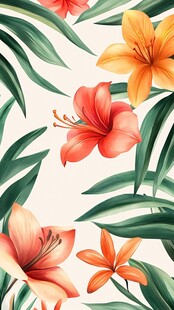 热带花卉与绿叶精美图案