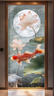 荷塘锦鲤伴月中式玄关画