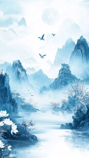 水墨山水间飞鸟伴月景