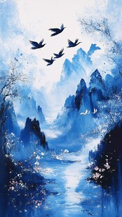 水墨山水间飞鸟翱翔图景