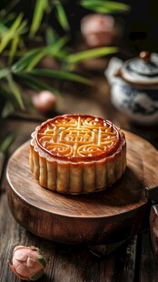 传统中式月饼置于木盘上