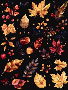 秋景树叶果实水彩插画