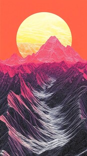 落日下的梦幻山脉景观