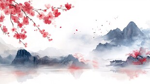 水墨红梅山水意境图