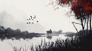 水墨湖畔飞鸟红叶之景