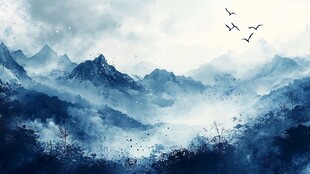 水墨山川飞鸟图