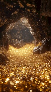 洞穴内闪耀的金色宝藏