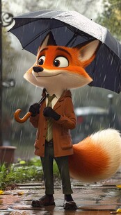 雨中撑伞的时尚狐狸先生