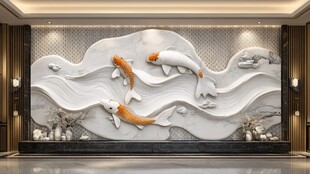 中式浮雕锦鲤海浪背景墙