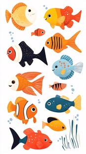 可爱多彩的卡通鱼类集合