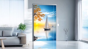 海景门贴营造惬意客厅氛围