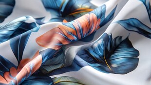 蓝橙叶纹飘逸丝绸面料