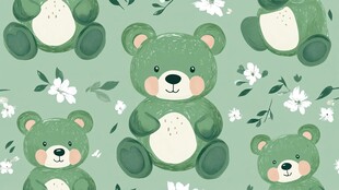 绿色小熊花卉可爱无缝图案